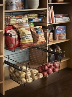 an organized pantry with baskets and food items