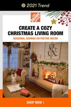 a christmas living room is featured in this ad for the holiday decorating store,