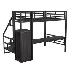 This full size Loft bed with desk and storage , featuring an integrated desk , storage staircase ,full length guardrails and secured metal slats ,this metal loft bed full is built with a comfortable sleeping. Yiekholo Full Size Study Loft Bed with Stairs and Storage, Black Finish, Steel Frame, Casual Style | LL-0761AAB Loft Bed Black, Loft Bed Storage, Loft Bed With Stairs, Integrated Desk, Bed With Stairs, Storage Staircase, Full Size Loft Bed, Metal Loft Bed, Loft Bed With Desk