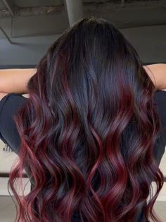 Red Colour Hair Highlights, Hair Dye On Tips Of Hair, Good Colors To Dye Dark Brown Hair, Red Hair Color Highlights For Black Hair, Red Hair Color On Brunettes, Copper Red Hair Color Balayage Low Lights, Red Wine Hair Color Balayage, Colours To Dye Black Hair