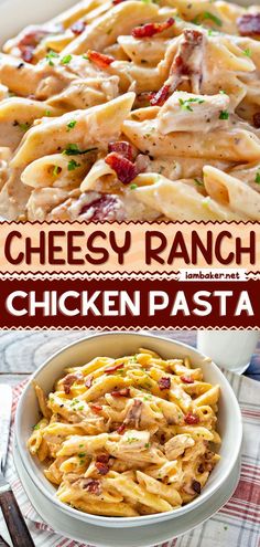 cheesy ranch chicken pasta in a white bowl on a red and white checkered tablecloth