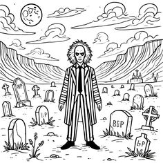 a black and white drawing of a man in a cemetery