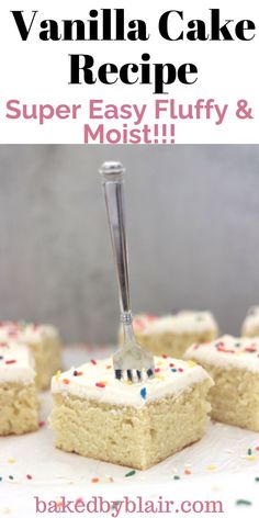 vanilla cake recipe with white frosting and sprinkles on the top, topped with a fork