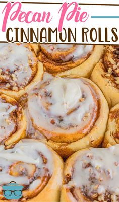 a close up of cinnamon rolls on a plate with text that reads pecan pie cinnamon rolls