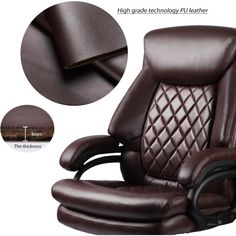 an office chair with brown leather upholstered on the back and seat cushioning