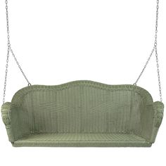 a green wicker swing with chains hanging from it