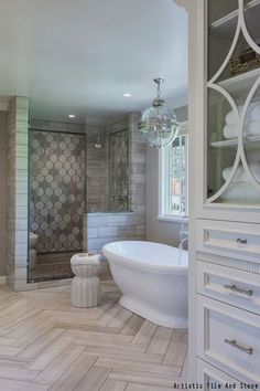 a large white bath tub sitting inside of a bathroom next to a walk in shower