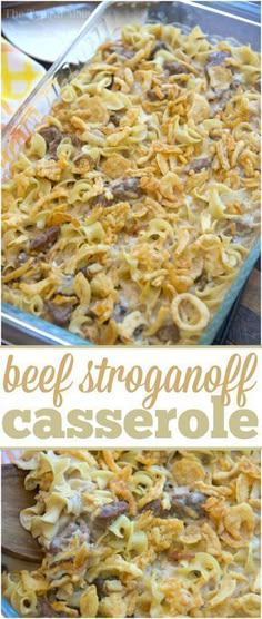 beef stroganonoff casserole in a glass baking dish with text overlay