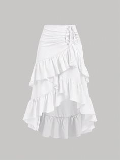 Blanco Casual Collar  Tela tricotada Liso Asimétrico Embellished No-Elástico Top And Skirt Party Wear, Clothes Skirts Long, Long Skirt And Corset Top, White Wedding Skirt, Skirts With Ruffles, Long Ruffle Skirt Outfit, Spanish Skirt, Lace Ruffle Skirt, Ruffle Skirt Long