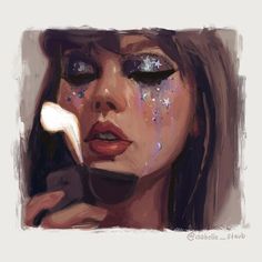 a painting of a woman with stars on her face holding a cell phone to her ear