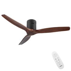 a black ceiling fan and remote control on a white background with a brown wooden blade