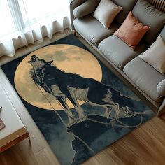 a living room area rug with a wolf sitting on a tree branch in front of a full moon