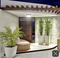 an outdoor living area with potted plants