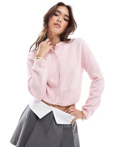 Cardigan by ASOS DESIGN A lesson in layering Crew neck Button placket Long sleeves Ribbed trim Regular fit Cheap Cute Pink Cardigan, Pink Fitted Ribbed Cardigan, Fitted Pink Feminine Cardigan, Pastel Pink Outfit, Pink Cardigan Outfit, Pink Bow Cardigan, Pink Knit Button-up Cardigan, Cardigan Rosa, Fitted Cardigan