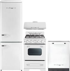 a white stove top oven sitting next to two refrigerators and a freezer combo