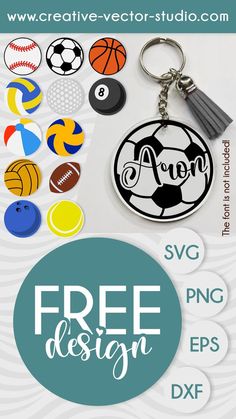 the free keychain is designed to look like a soccer ball and other sports related items