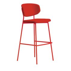 a red bar stool with a backrest and seat upholstered to the side