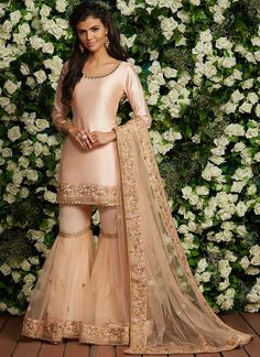 Light Peach Embroidered Gharara Suit Costumised similar dress  +919830139073 for order HOUSE OF ZUHAF Bollywood Style Dress, Custom Design Dress, Pakistani Wedding Outfits, Indian Gowns Dresses, Party Kleidung, Pakistani Bridal Dresses