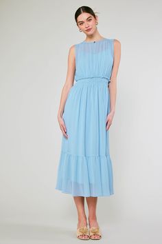 A sheer overlay creates an ethereal look on this sleeveless midi dress. Layered over a strappy tonal lining, it's got a blousy fit with a front keyhole and a comfortable cinched waist before flowing to a tiered ruffle hem. •Round neckline •Front keyhole with button •Elasticized waist •Tiered hem •Lining with adjustable straps •Classic Fit DIMENSIONS •Standard: 51" Length Item number 2490182 100% Polyester Hand Wash Cold Line dry Blue Sleeveless Chiffon Maxi Dress, Sheer Sleeveless Flowy Chiffon Dress, Blue Sleeveless Chiffon Dress, Chic Chiffon Midi Dress For Daywear, Breezy Sleeveless Flowy Maxi Dress, Flowy Sleeveless Breezy Maxi Dress, Sleeveless Breezy Maxi Dress With Flowy Skirt, Light Blue Sleeveless Chiffon Maxi Dress, Flowy Sheer Sleeveless Maxi Dress