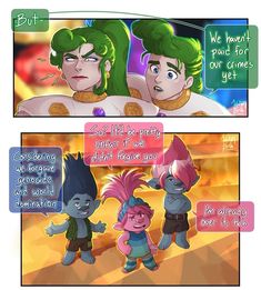 two comic panels one with green hair and the other with pink hair