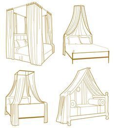 four different types of canopy beds with curtains on top and bottom, one in the middle