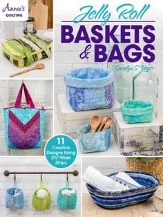 the cover of jelly roll baskets and bags, featuring crochet designs for 2x - 3x - wide storage bins