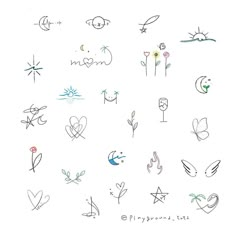 a bunch of drawings that are on a white surface with words and symbols written in it