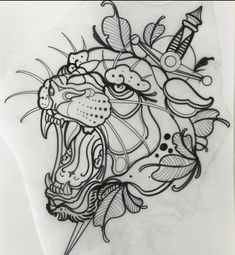 an ink drawing of a tiger's head with many different things on its face