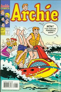 an old comic book cover with people riding jet skis