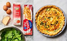 an egg pie, spinach and eggs on a table with some other ingredients to make it