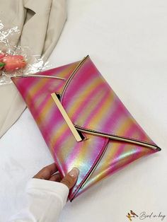 BirdinBag - Stylish Multi-hued Striped PU Clutch: A Fashionable Accent Pink Details, Canvas Purse, Practical Bag, Women Crossbody Bag, Envelope Bag, Print Style, Coin Pouch, Handmade Fashion, Free Bag