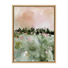 an abstract painting with pink and green flowers on the bottom, in a wooden frame