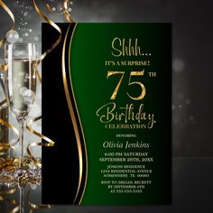 a black and gold birthday party card with two champagne glasses, streamers and confetti