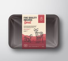 a brown tray that has some food on top of it with the words fine quality organic goat