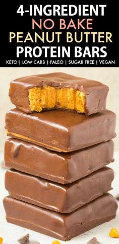 chocolate peanut butter protein bars stacked on top of each other with the title, 4 ingredient no bake peanut butter protein bars