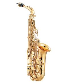 a gold saxophone is shown against a white background