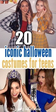 two women wearing costumes for halloween, one in blue and the other in white with text that reads 20 iconic halloween costumes for teens