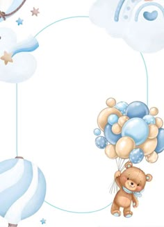 a teddy bear holding balloons in the sky