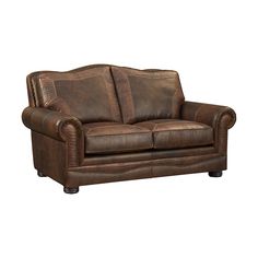 a brown leather couch sitting on top of a white floor