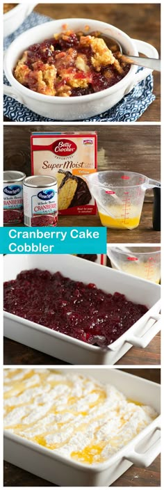 cranberry cake cobbler recipe is shown in three different pictures, including the batter and ingredients