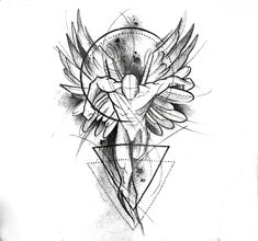 a drawing of a bird with wings on it's back, and an arrow in the