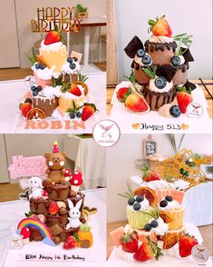 three different cakes decorated with fruits and vegetables