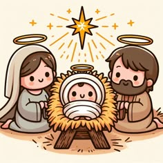 three people sitting in front of a nativity scene