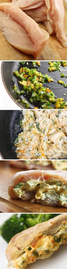 four different pictures of food being prepared on a cutting board and in pans, including broccoli