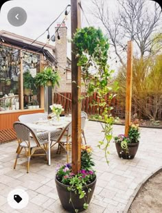 an outdoor patio with potted plants and tables