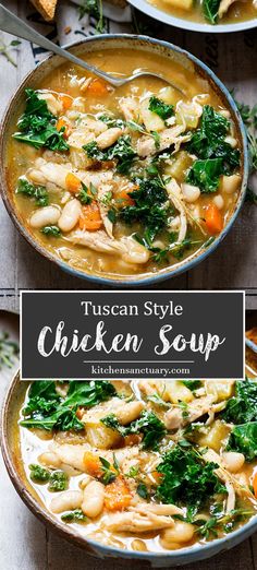 two bowls filled with chicken soup on top of a wooden table