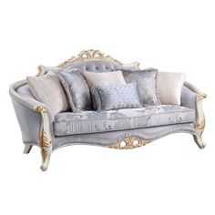 Galelvith Transitional Sofa with 6 Pillows Gray Fabric(#RK073-6) LV00254-ACME Classical Sofa, Traditional Loveseat, Regal Style, Crown Moldings, Sofa And Loveseat, Carved Wood Frame, Traditional Sofa, Rolled Arm Sofa, Grey Upholstery