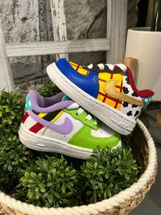 Perfect shoe for any occasion! * US Sizes from 2C-7Y * These are authentic Nike Air Force 1's * Hand painted using high quality Angelus paint and sealer * Sealed for durability, but keep in mind these are painted so care still needs to be taken. * Made to order, processing time is 3-4 weeks (This is NOT including the time in the mail) * Please message me prior to ordering if you need by a sooner date (Rush fee may result) * Due to the custom nature of these shoes, there are no returns or exchang Custom Toy Story Shoes, Toy Story Nike Air Force 1, Custom Multicolor Round Toe Sneakers, Customizable White Fun Sneakers, Customizable Fun White Sneakers, Custom Multicolor Sneakers With Rubber Sole, Customizable Green Sneakers With Round Toe, Customizable Multicolor High-top Sneakers, Playful White Customizable Sneakers