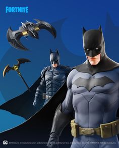 two batman action figures are shown in front of a blue background with the words fortnite x on it