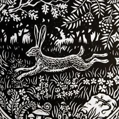 a black and white drawing of a rabbit running through the woods with trees in the background